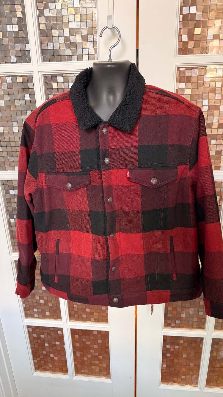 Levi's Relaxed Fit Sherpa Plaid Trucker Jacket Size L Red Black #684